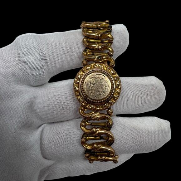 Antique 1905 Minerva Gold Filled Stretch Bracelet Engraved Monogram 27.9g Read - Picture 1 of 13